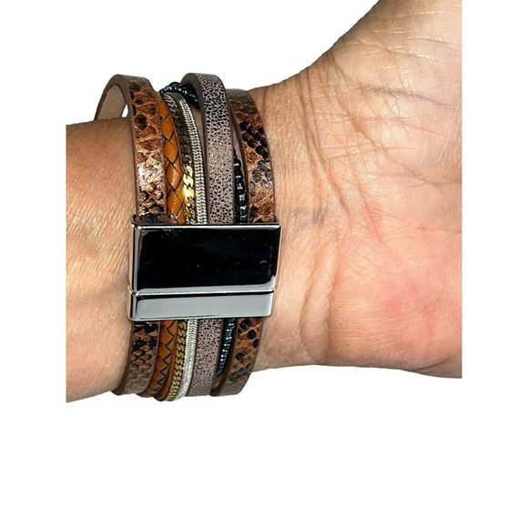 Southwest Style Costume Jewelry Magnetic Bracelet Blue Brown Stones Feather - Picture 3 of 6